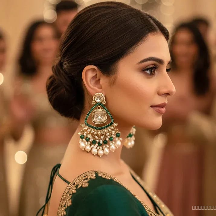 kundan pearl green chandbali