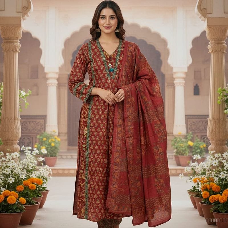 Maroon pure cotton kurta set 